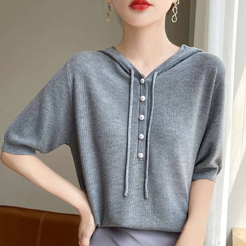 Women's T-shirt Summer Wool Knitted Tees Casual Solid Color Sweater Short Sleeve Hooded Collar Blouse Ladies Clothes Loose Tops