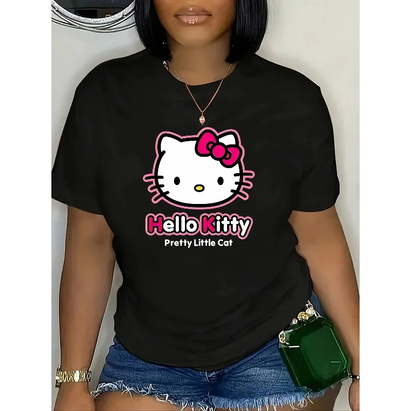 

Miniso Hello Kitty, женская футболка с милым мультяшным рисунком кота, повседневный топ с короткими рукавами и круглым вырезом, модная свободная футболка