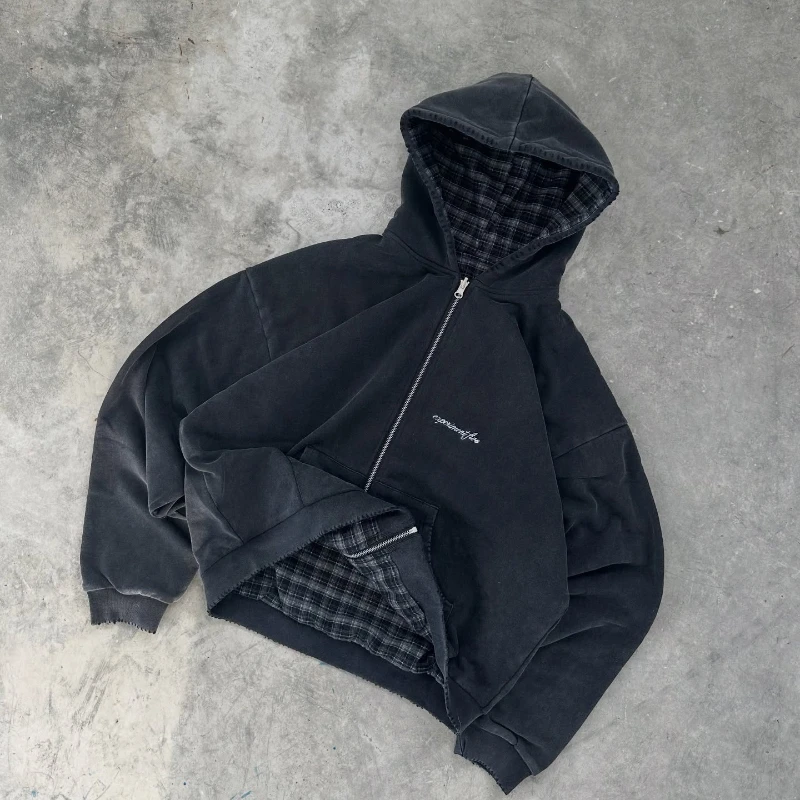 Grenzüberschreitender, trendiger, lässiger, karierter, wendbarer, gewaschener Cardigan-Hoodie-Pullover im amerikanischen Stil für Herbst und Winter