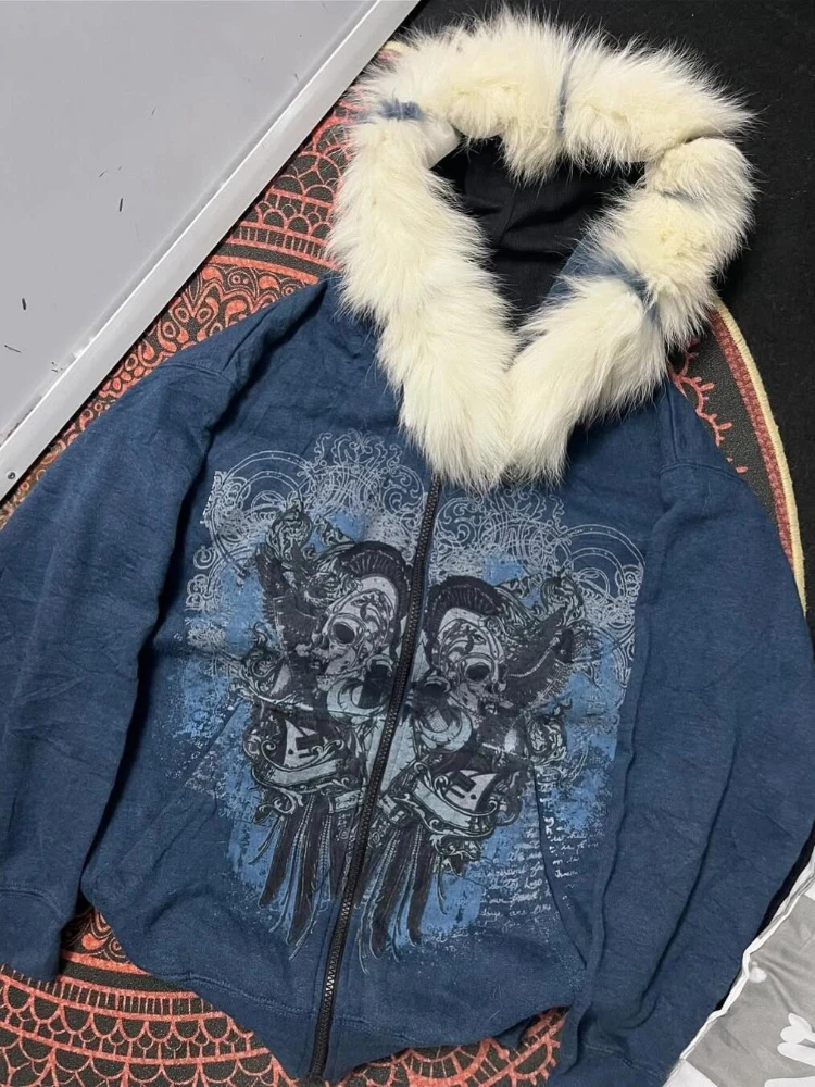 Americká retro Y2k Harajuku Spice Girls mikina s kapucí pro ženy volný dlouhý rukáv lebky kožešinový límec zip kabát vintage ležérní elegantní topy - náhled 2