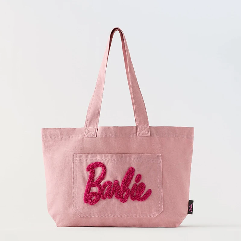 Barbie Canvas Bags Women Tote Bag Cartoon Reusable Shopping Bag Large Capacity Storage Bag Embroidery Female Shoulder Handbag