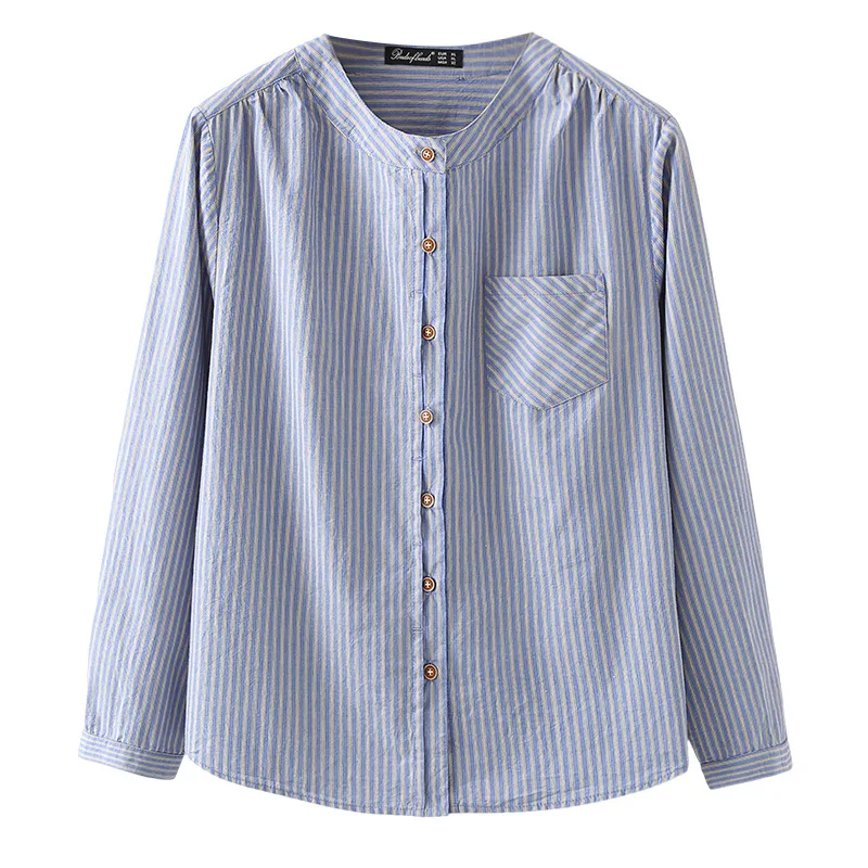 Camicetta da donna moda taglie forti Autunno nuovo stile casual girocollo camicia a maniche lunghe a righe verticali 2526