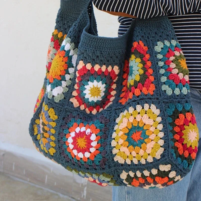 Navy Granny Square Crochet Bag Hippie Classic Handbag Handmade Crochet Colorful Purse Boho Chic Shoulder Tote Bags For Women