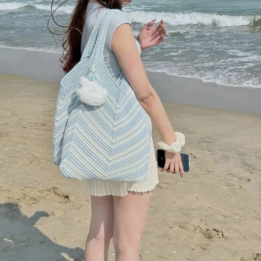 

Casual Shoulder Bag Hollowed Out Knitted Bag Bohemian Large Capacity Weave Bag Storage Bag Stripe Crochet Tote Bag Girl