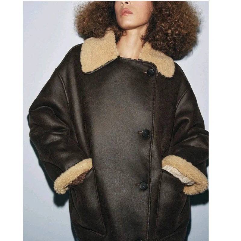 mat Sle Double-Sided Collar Long Sve Jaet Coat New Autumn Women's Faion Single Button PU Leather Polyester