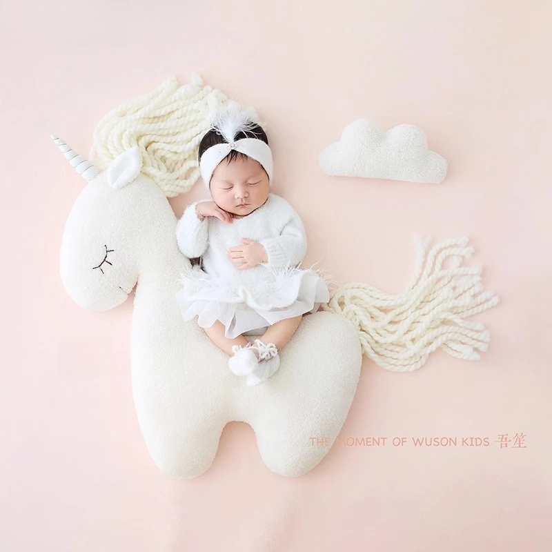 Newborn Photography Accessories Props Sweet Dream Posing Doll Unicorn with Clouds Outfit Headband Set for Studio Photoshoot