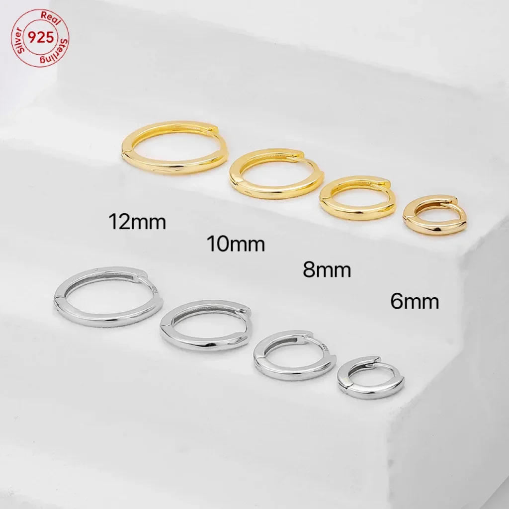 1PC 925 Sterling Silver Fashion Simple Round Hoop Earrings 6mm/8mm/10mm/12mm Gold Plated Hoop Earring For Women