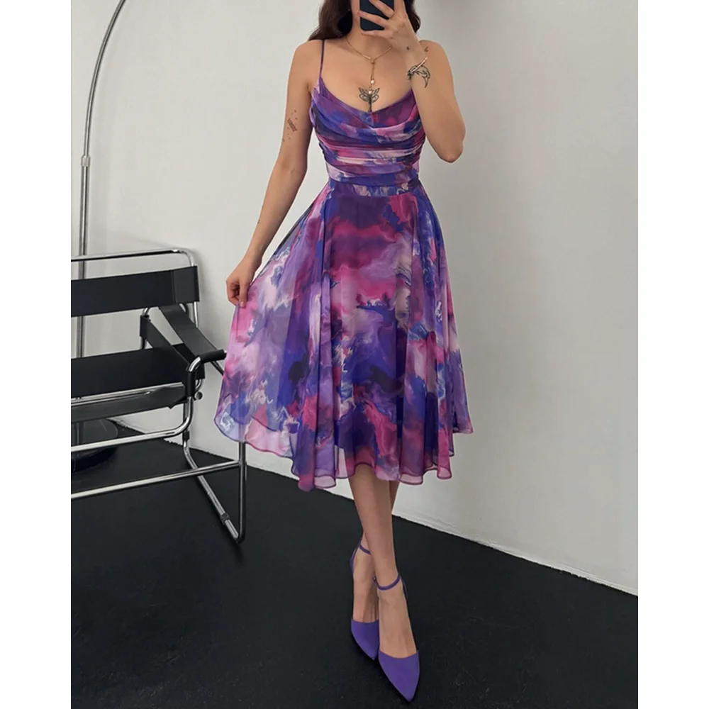 Summer Women Dress Ombre Print Spaghetti Strap Cowl Neck Dress Casual A Line Sheer Mesh Dress for Party Evening Vestidos