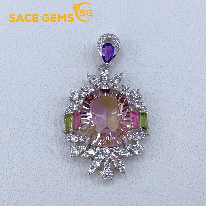 SACE GEMS Luxury 925 Sterling Silver Certified 11*14MM Natual Ametrine Pendant Necklace for Women Cocktail Party Fine Jewelry