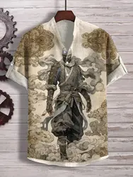 Men's casual fashion assassin print Chinese style linen short sleeved shirt loose fit V-neck top