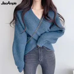 Korean Chic Cross Sweater Pullover Autumn Winter V-Neck Long Sleeve Knitting Tops 2023 New Lady Fashion Solid Color Knitwear