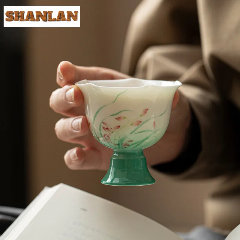 

2pc/lot Hand-painted Orchid High Foot Teacup Creative Tea Bowl Mug Tea-tasting Fragrance Cup Jianzhan Master Cups Tea Items 75ml