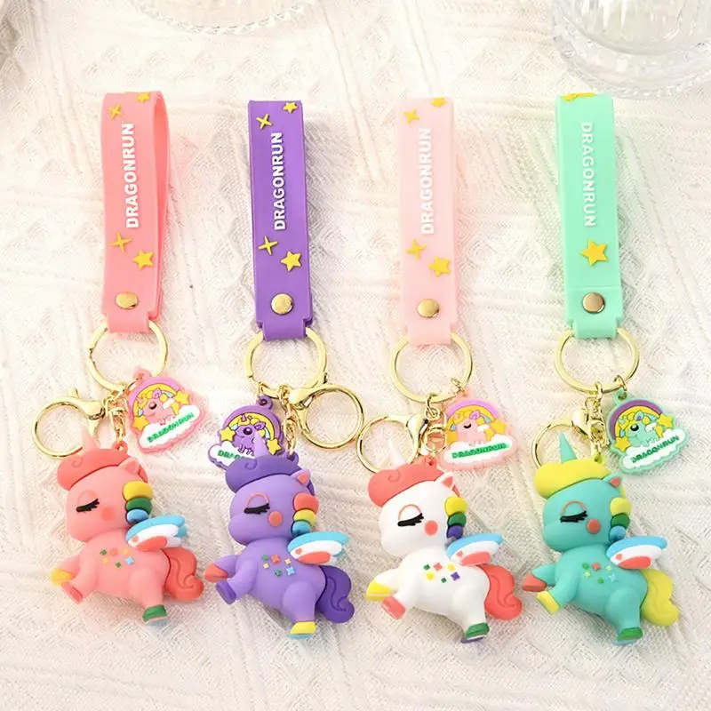 Horse Shape Key Chain Rainbow Animal Keychains Wrist Lanyard Animal Key Ring Doll Pendant Backpack Accessory for Girls Women