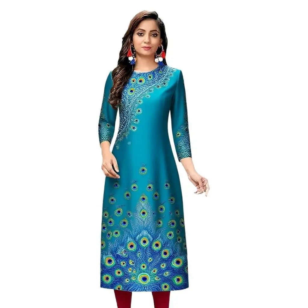 Sukienka Kurt damska, modna i elegancka, z długim rękawem, o prostym kroju, codzienna, z okrągłym dekoltem, kolorowa sukienka z wzorem pawiego pióra.