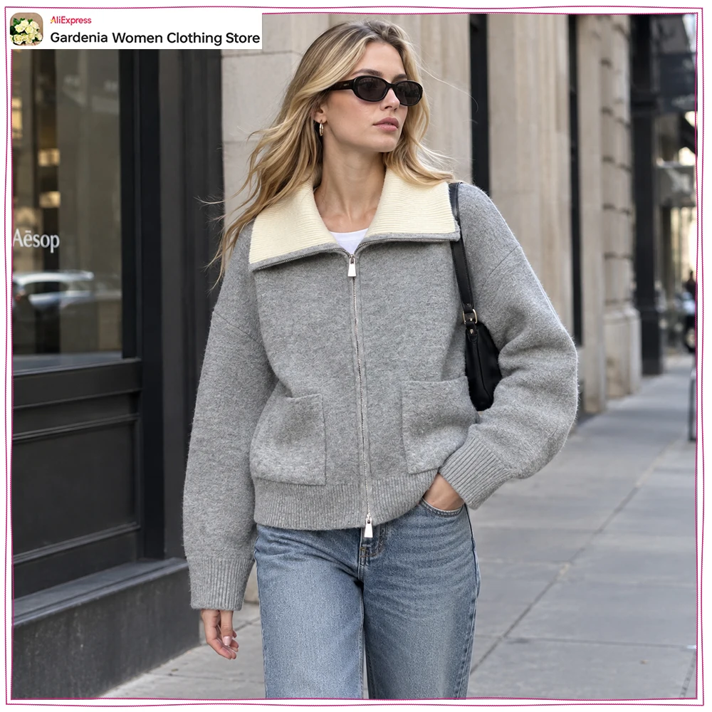 Women's Contrast Collar Cardigan with Ribbed Trims New Autumn Gray Zippered Knitwear with Patch Pockets Comfy High-neck Cardigan