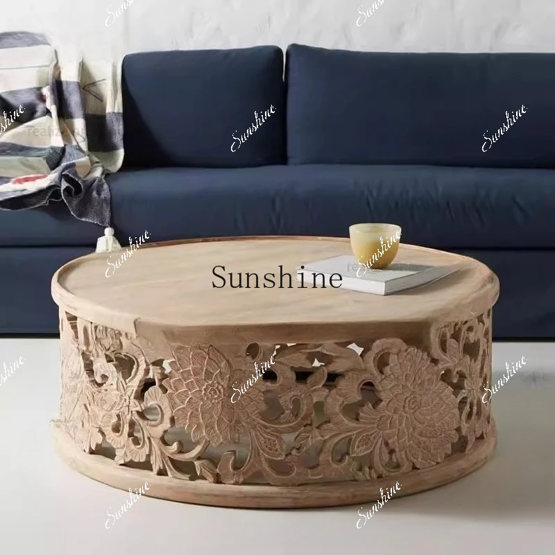 American retro solid wood hand-carved hollow round old decoration living room side coffee table  FT