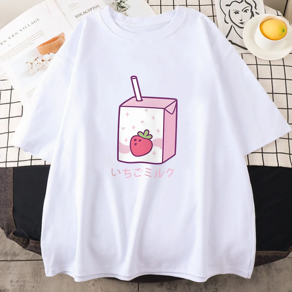 Strawberry Milk Cartoon Printing Tee-shirt Kawaii Graphic Clothing for Girls Cotton Short Sleeve Spring Tshirt Aesthetic Women