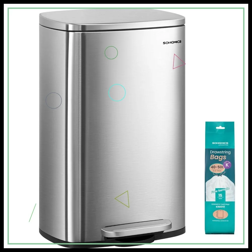 

13 Gallon Stainless Steel Trash Can with Soft Close Lid, Step-On Pedal, and Removable Inner Bucket for Kitchen Waste