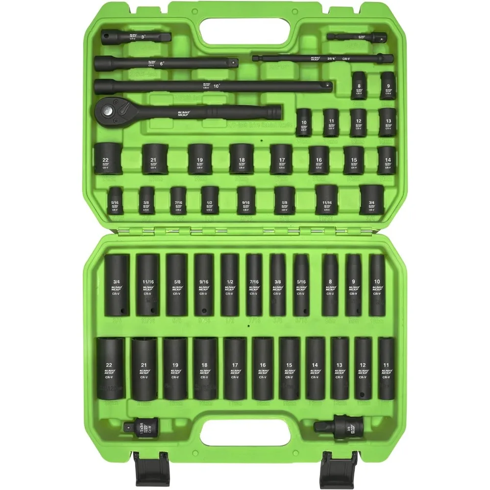 3/8" Drive Impact Socket Set 52 Piece Standard SAE (5/16-3/4 inch) and Metric (8-22mm) Shallow & Deep Sockets