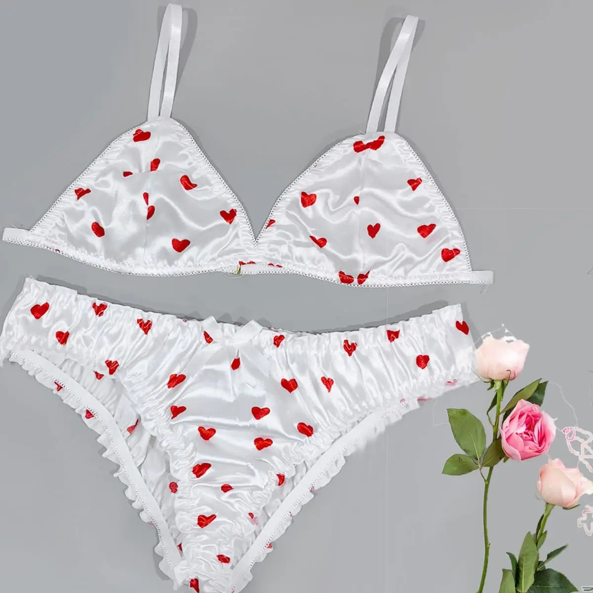 Women\'s Lingerie Sets Cute Heart Print Satin Bras and Knickers Sexy  Bralettes Panties White Outfits Babydoll 2 Piece Nightwear