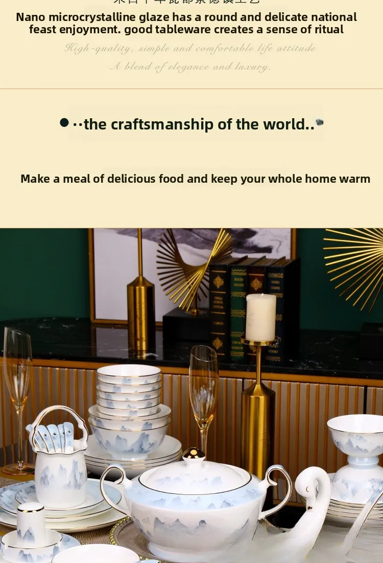 High-end household bone china tableware light luxury dishes combination set housewarming gift