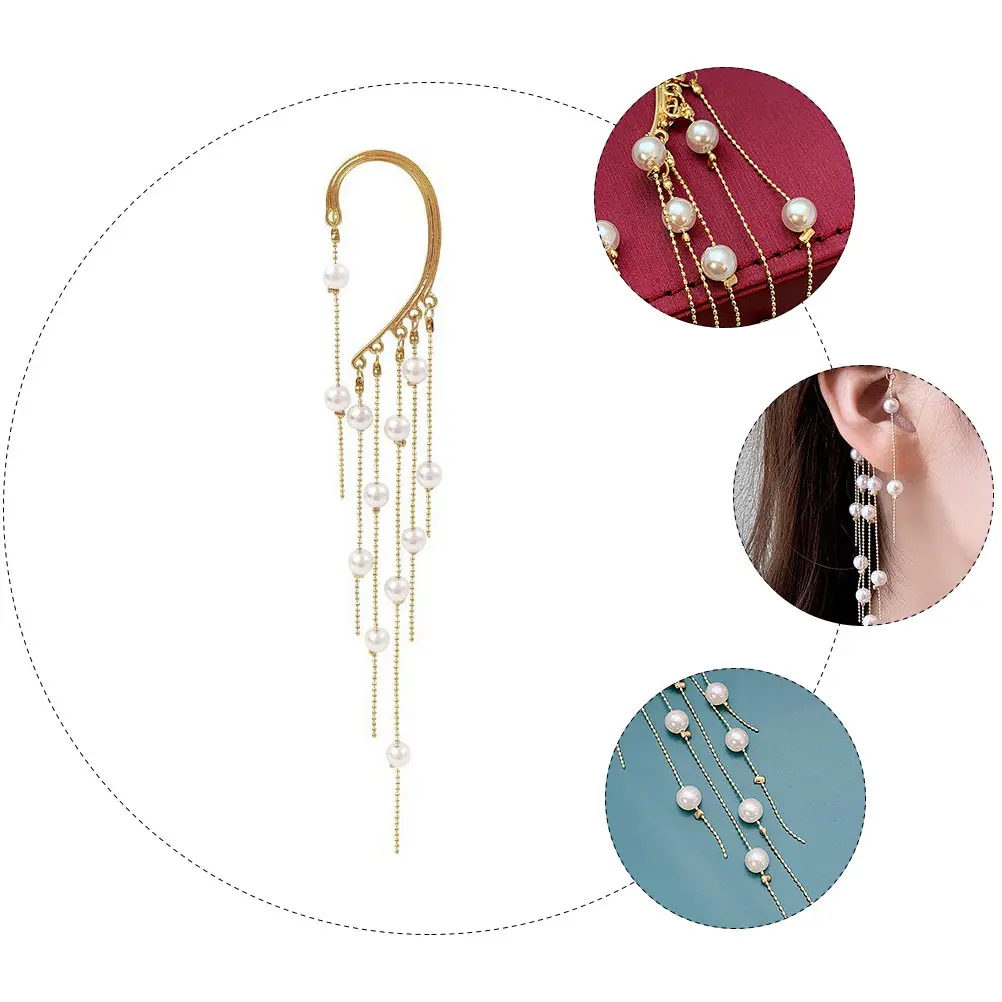 

Pentagram Ear Clip Pearl Cuff with Clip-on Long Tassel Dangle Earrings Climber Chain Golden Miss