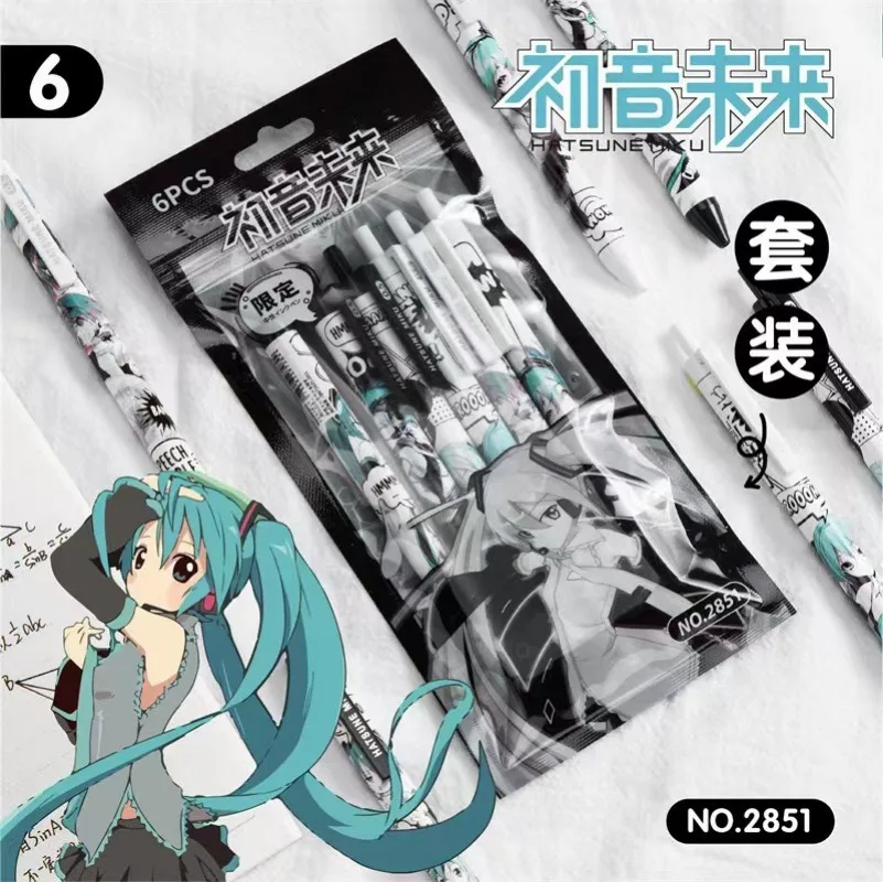 canetas-esferograficas-hatsune-miku-6-unidades--desenho-animado-anime-merchandising-vocaloid-material-escolar-ponta-05mm-secagem-rapida-presente