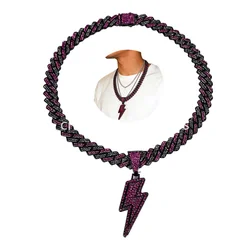 14mm Dark Purple Black Iced Out CZ Cuban Choker Necklace for Women Men Hip Hop Lightning Pendant Rock Hip Hop Jewelry