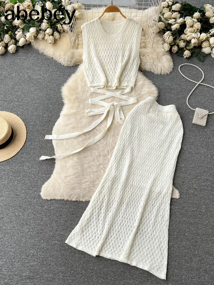 Estate lavorata a maglia vacanza due pezzi abiti da donna senza maniche canottiere + elastico sottile midi gonne lunghe set da spiaggia femminili