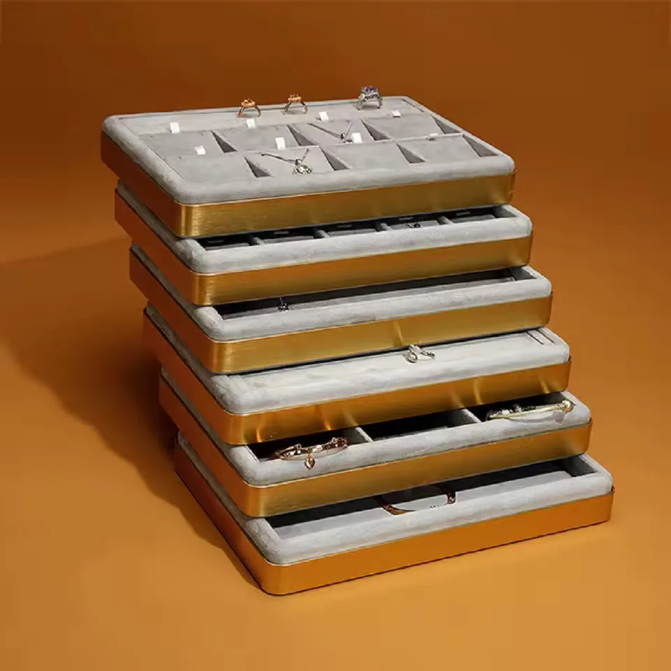 

Stackable Suede Gray Metal Luxury Jewelry Display Tray For Store Ring Bangle Bracelet Chain