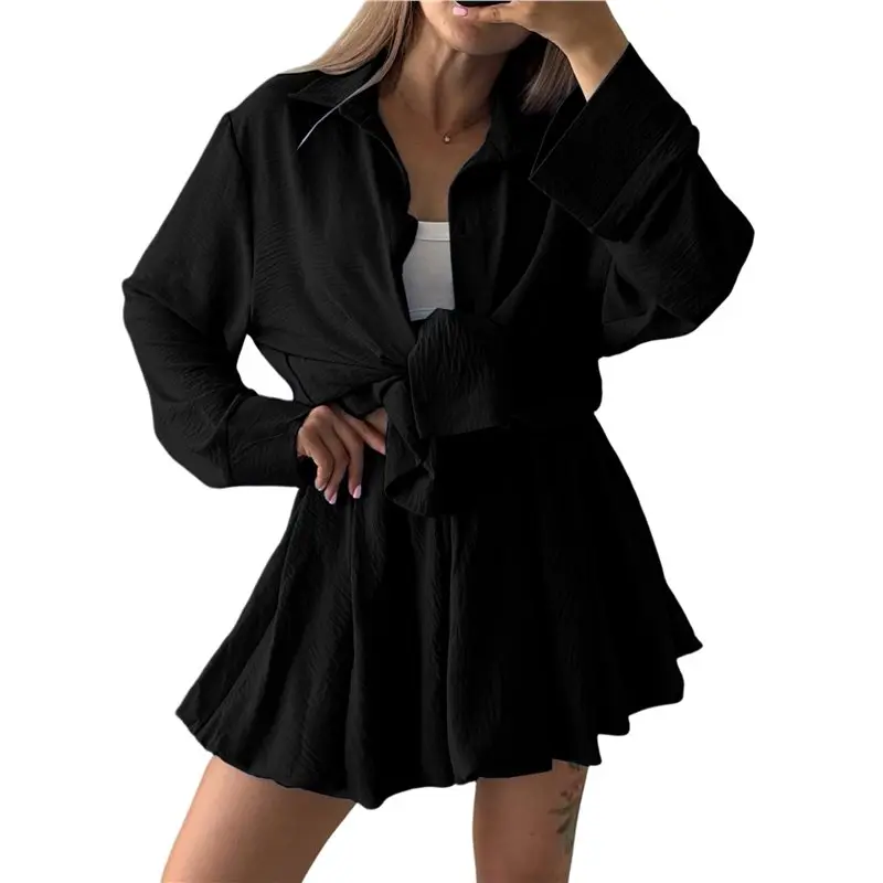 

NEW-Women's Casual Long Sleeve Shirt And Shorts 2 Piece Outfit