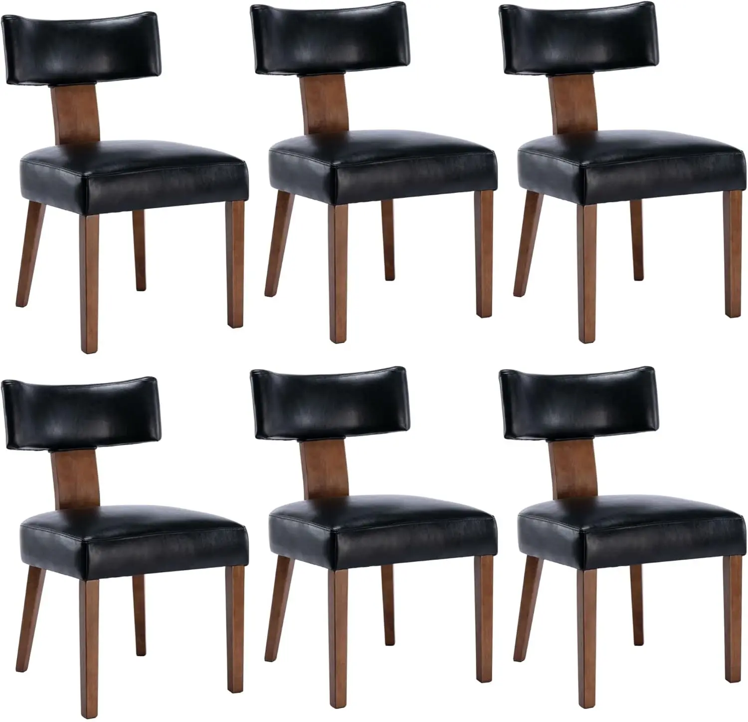 Modern Dining Chairs Set of 6 Comfy Upholstered Side Chairs with Wood Legs PU Leather Dining Chairs with Curved Wingback Black