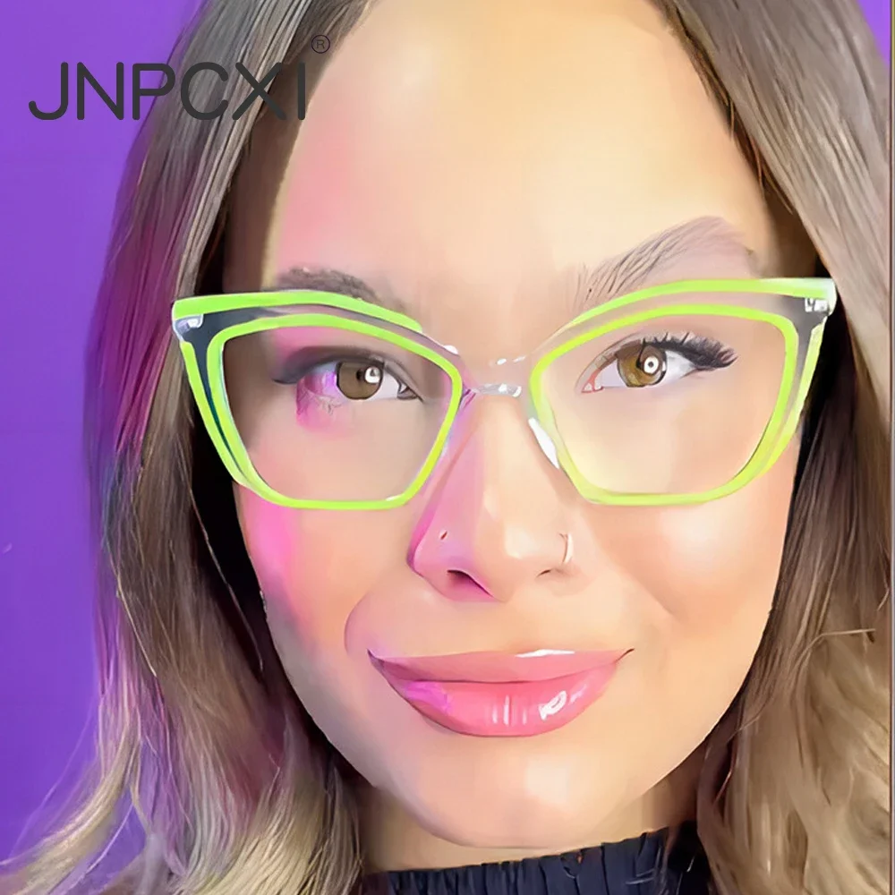 JNPCXI Retro Cat Eye Women Gradient Yellow Glasses Frame Fashion Clear Anti-Blu-Ray Eyewear Men Optical Computer Frames