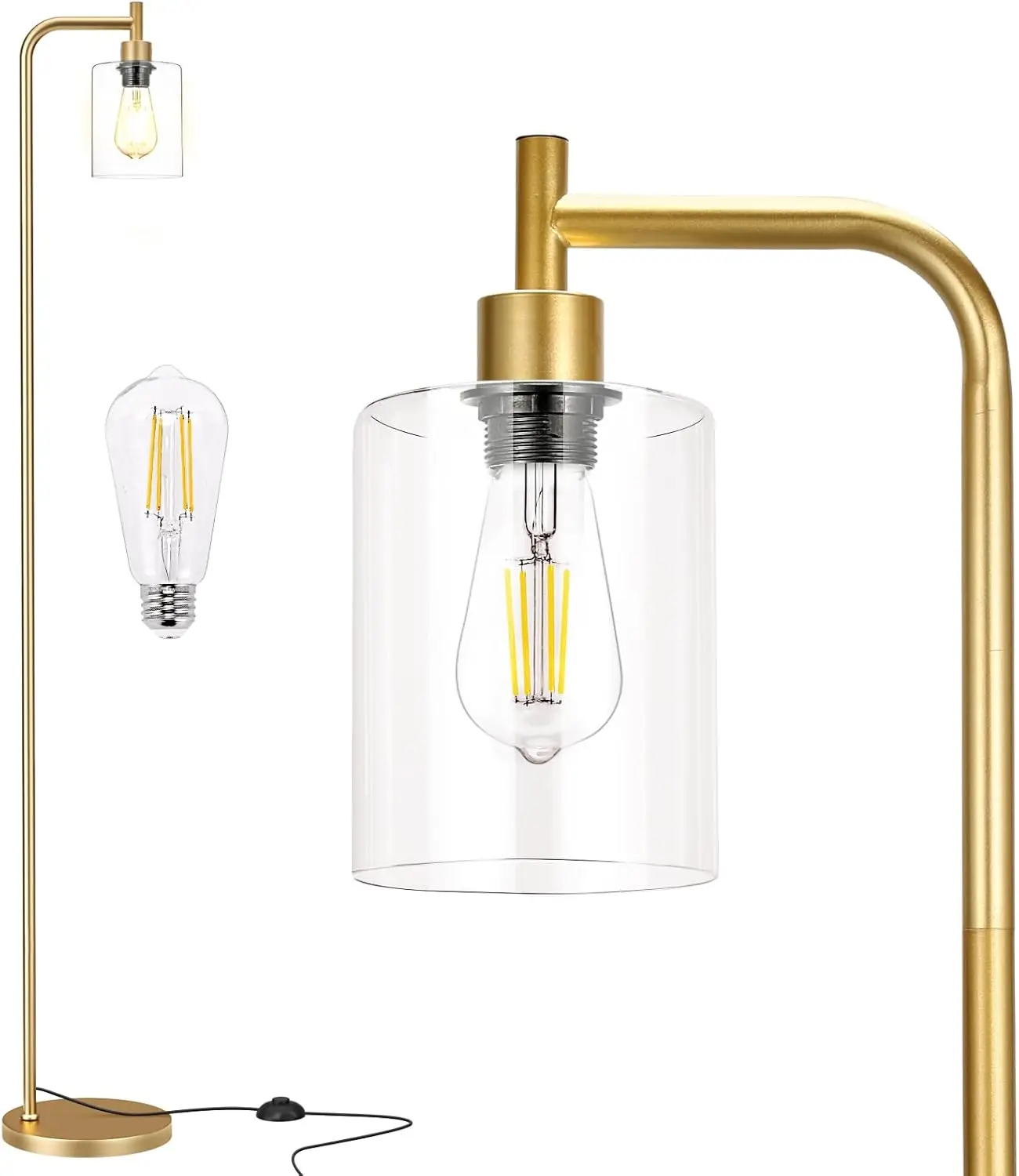 

Modern Gold Floor Lamp with Glass Shade, LED Bulbs for Living Room, Bedroom, Office - Industrial Farmhouse Style