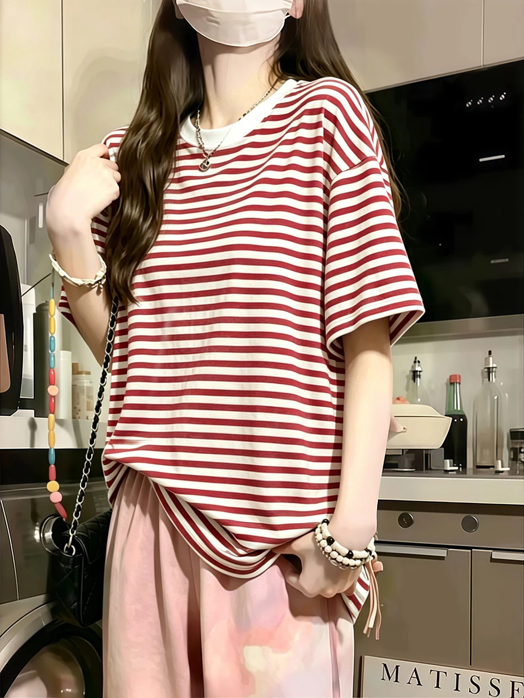 Naval Style Blue White Stripes Loose Short Sleeve T Shirt Women Summer Versatile Casual round Neck mid Length Simple Top