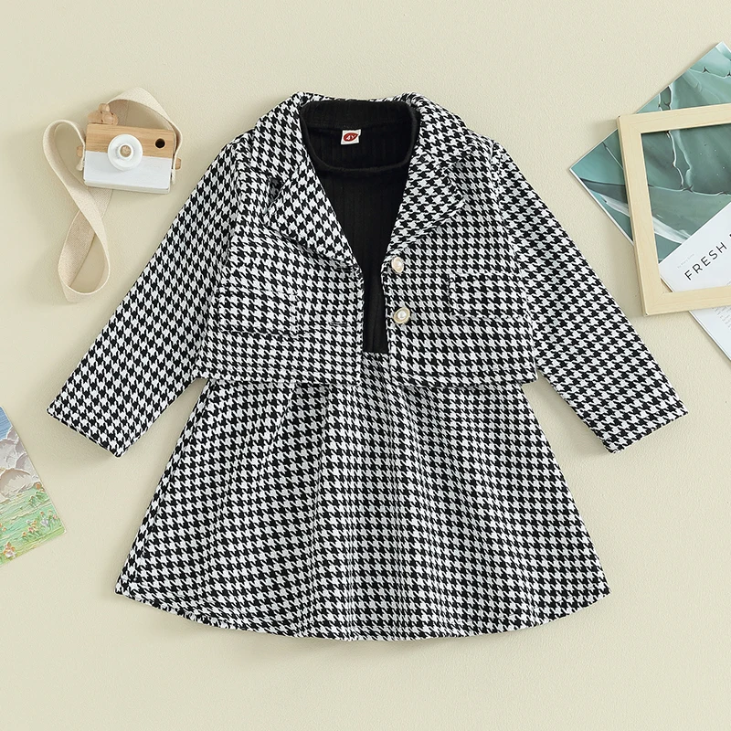 Kids Girl Outfits Houndstooth Patchwork Crew Neck Long Sleeve Dress with Single Breasted Coat Tops 2Pcs Princess Clothes Set