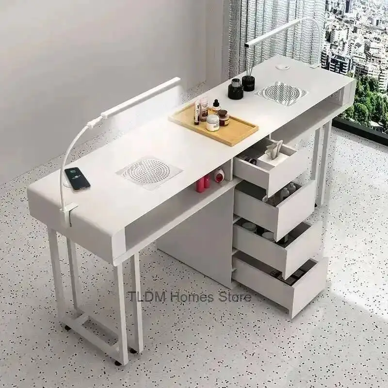Tiroirs de Table modernes simples, Double manucure avec Table à ongles de Style crème et ensemble de chaises, Table à ongles légère de luxe pour magasin de manucure