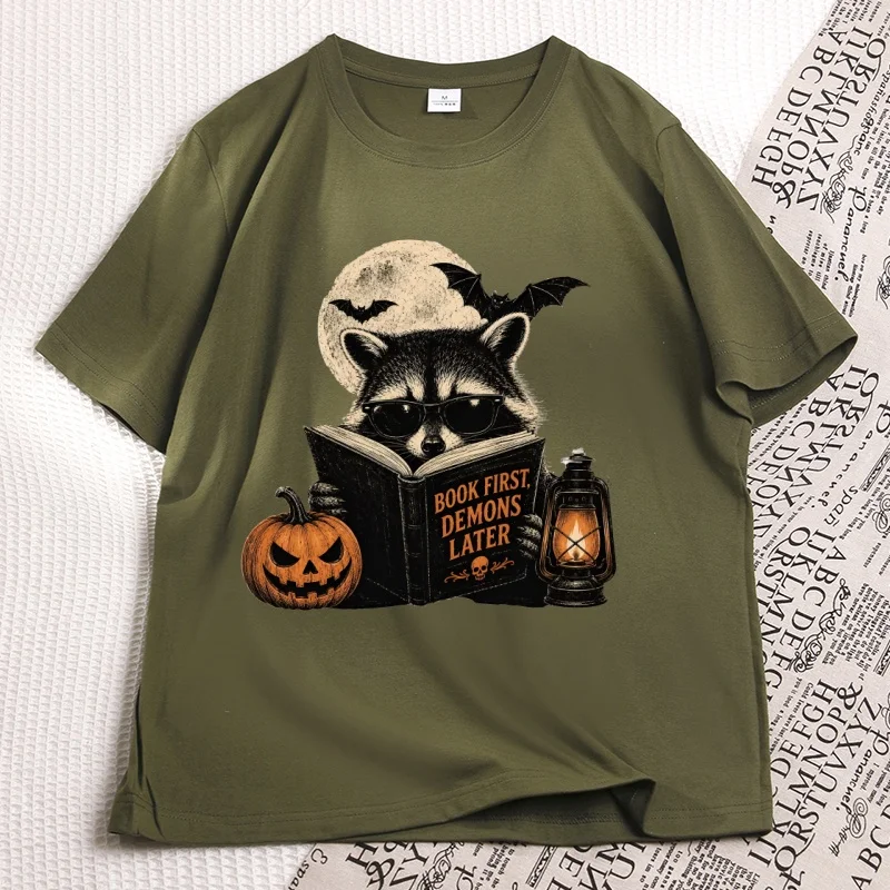 Funny Raccoon Halloween T Shirt Book First Demons Later Tee Graphic Spooky Reader T-shirts Gift Fall Book Lover Tees Clothes