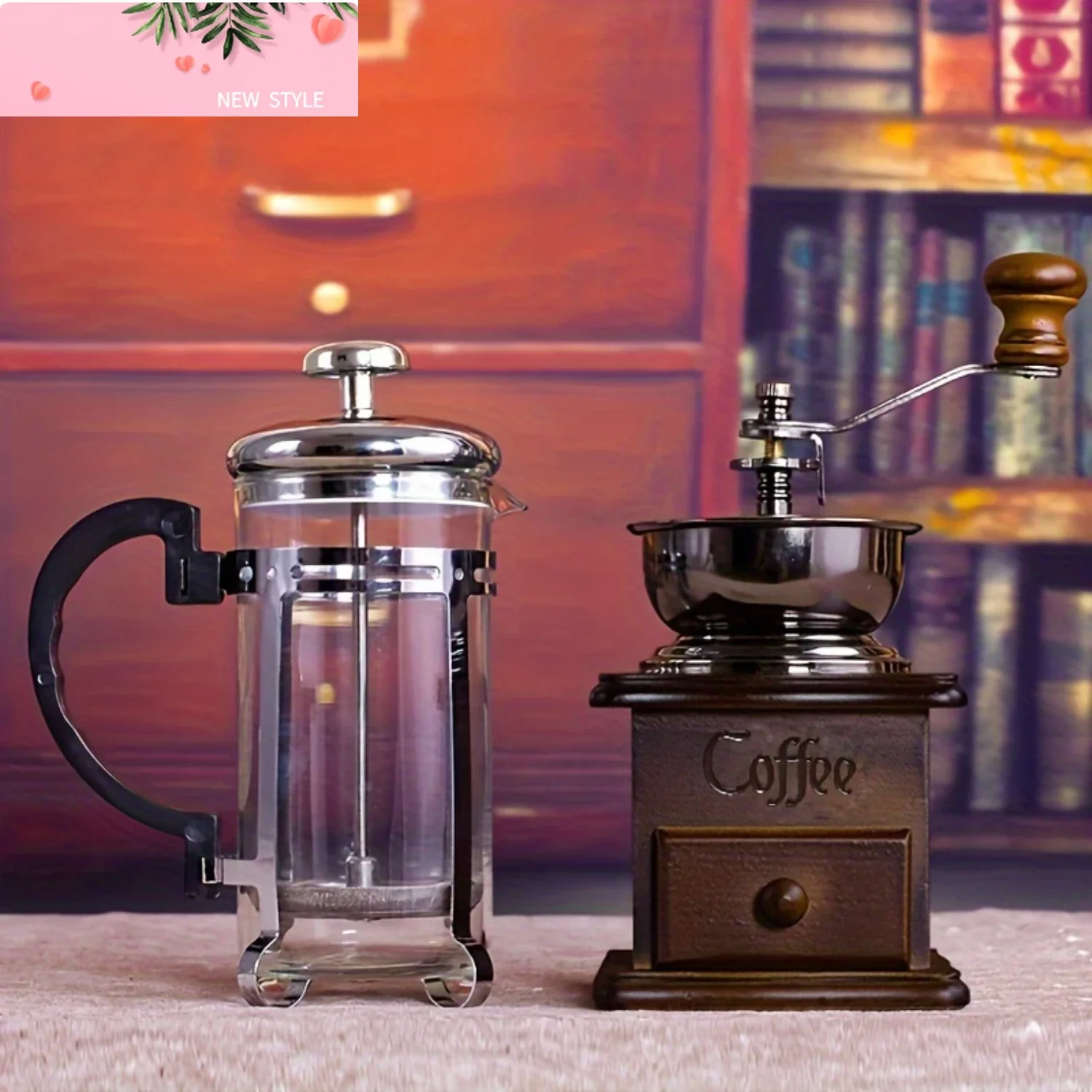 

1set Wooden Classic Vintage Mini Manual Bean Grinder Press Pot Set Kitchen Coffee Utensils Home Handheld Gif