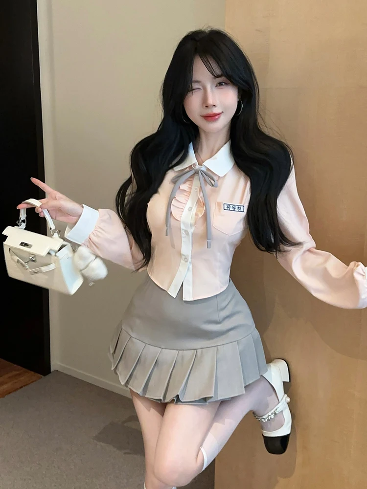 Korean College Style Sweet Jk Uniform Collar Color Block Single Button Long Sleeve Shirt Grey Pleated Skirt Set Youthful