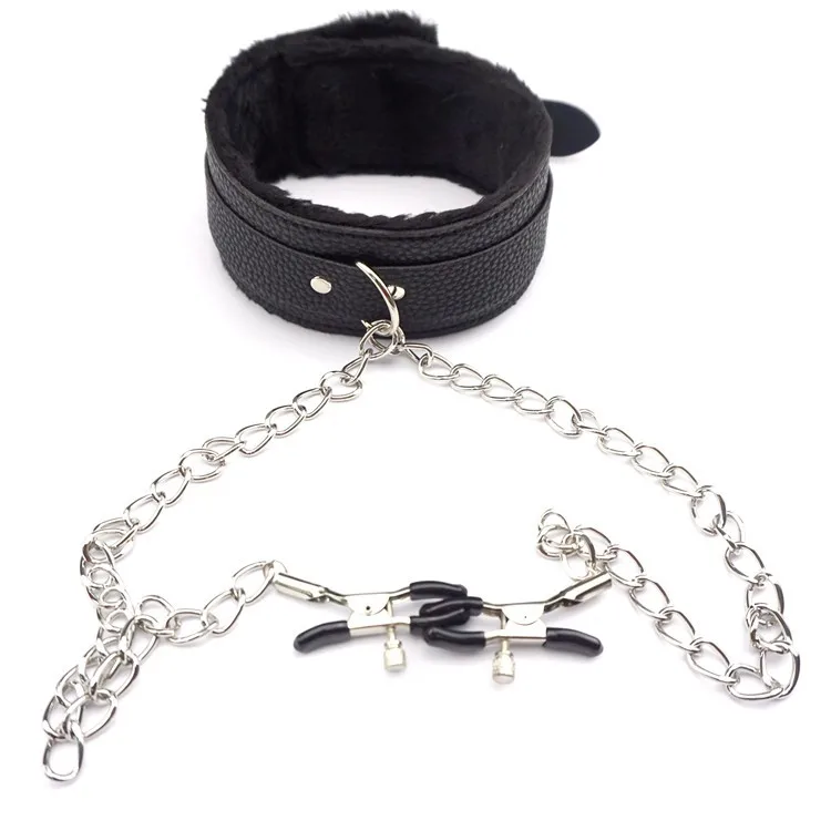 BDSM Bondage Kragen Kette Handschellen Leder Halsreif mit Nippel klemmen Sklave Erwachsenen Spiele Fetisch Halskette Brust klammer sm Werkzeuge