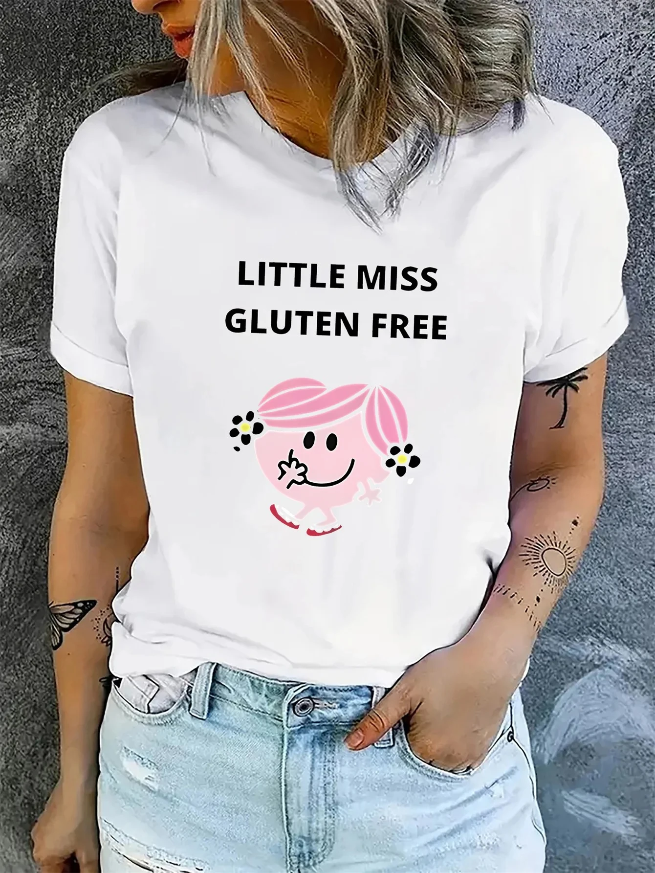 أسلوب بسيط الطازجة ليتل ملكة جمال خالية من الغلوتين الكرتون المطبوعة تي شيرت المرأة جولة الرقبة مرونة أربعة مواسم تنوعا عارضة قميص #3