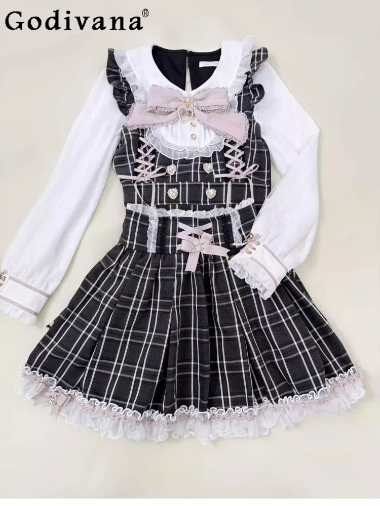 

Платье в японском стиле с кружевной отделкой и бантом, милое универсальное платье в стиле Лолита с длинными рукавами для девочек