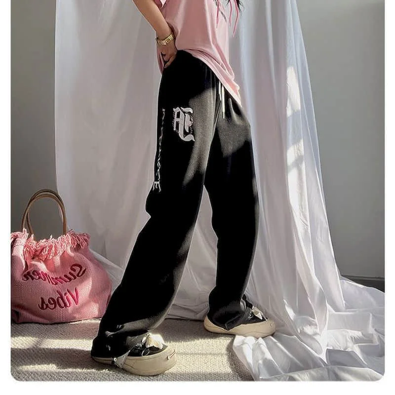 السراويل الرمادية Harajuku Sweatpants الكورية نمط الشارع الشهير شارع العليا السراويل الرياضية النساء فضفاضة خمر مرونة الخصر السراويل الفضفاضة