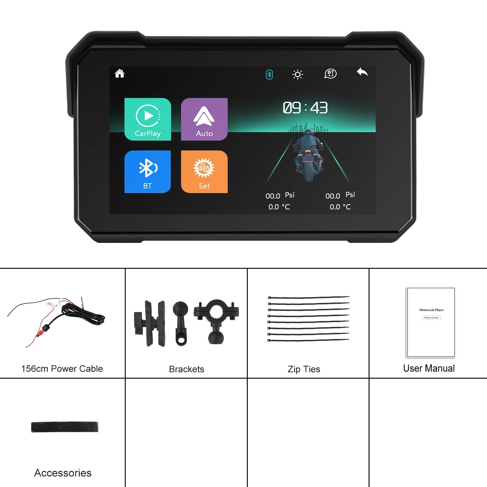 Podofo 5'' IPS-Bildschirm, kabelloser Carplay-Motorradmonitor, GPS-Navigation, Android Auto, tragbarer Smart-Player, IP68 wasserdicht, tragbarer On-Board-Bildschirm für den Fahrgebrauch – Detail 12