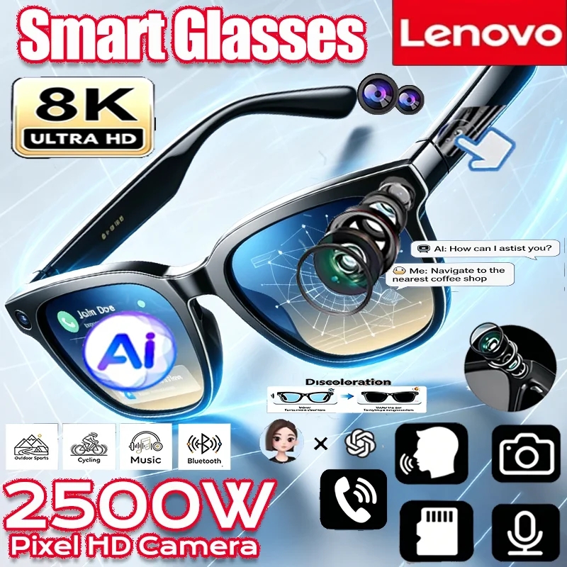 Lenovo 8K Camera AI Smart Glasses 2500MP AI Chat Translation Hands-Free Calling Music Playback Smart Sunglasses Christmas Gift