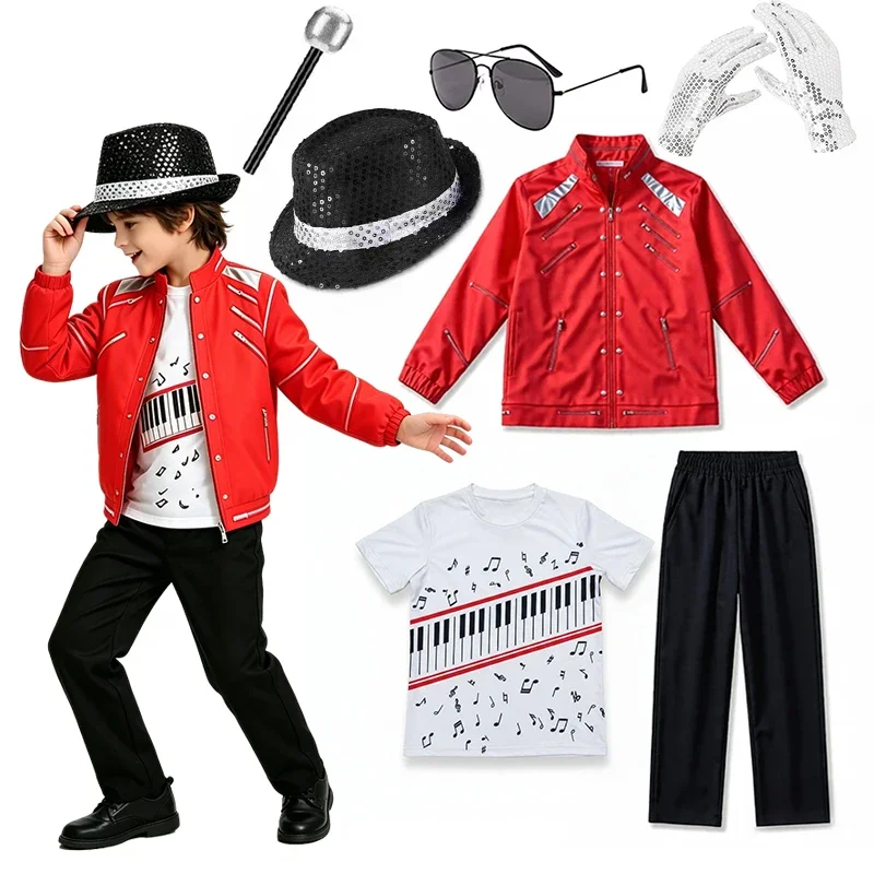 Jungen Sänger Rote Jacke Klavier-Print T-Shirt Schwarze Hose Set Halloween Kinder Bühnen-Cosplay Party-Outfit – Detail 11