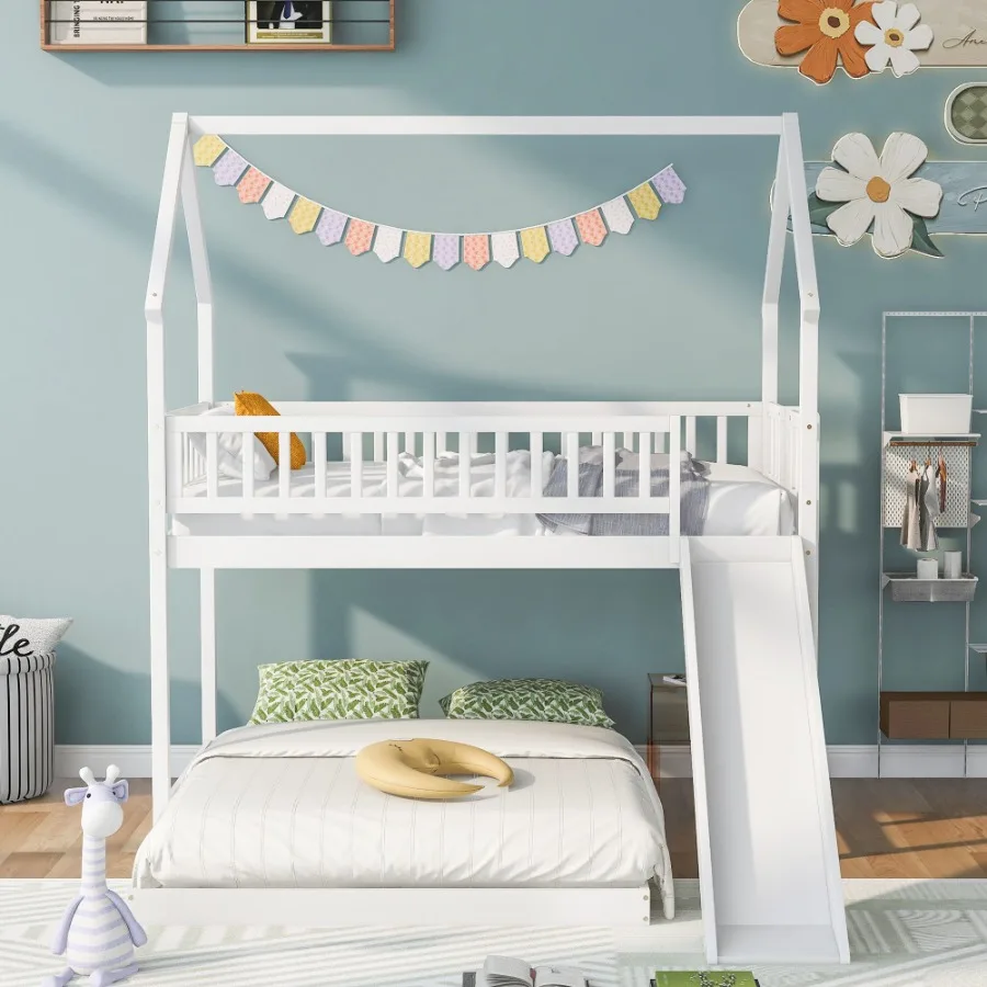 

Twin over Full House Bunk Bed with Slide and Builtin Ladder FullLength Guardrail