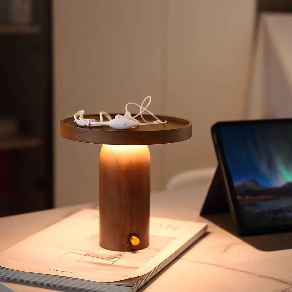 

Mushroom wood simple atmosphere charging bedside table top LED solid wood night light bedroom gift ins style