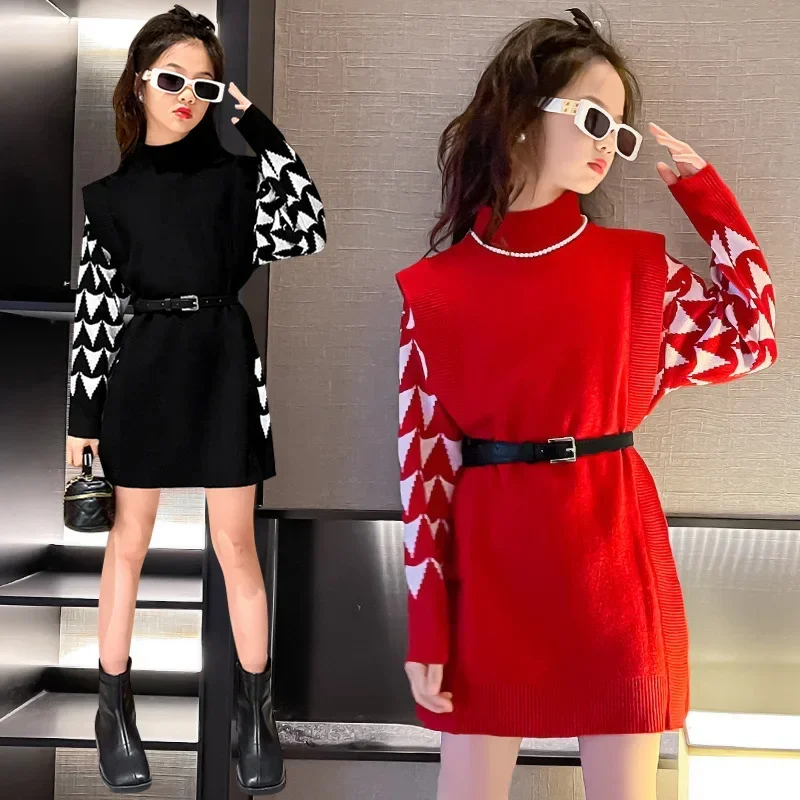 Korean Autumn Winter Junior Girl Long Sweater Contrast Stitching Sleeves Top Teenager Knitted Sweater School Kintwears Matching